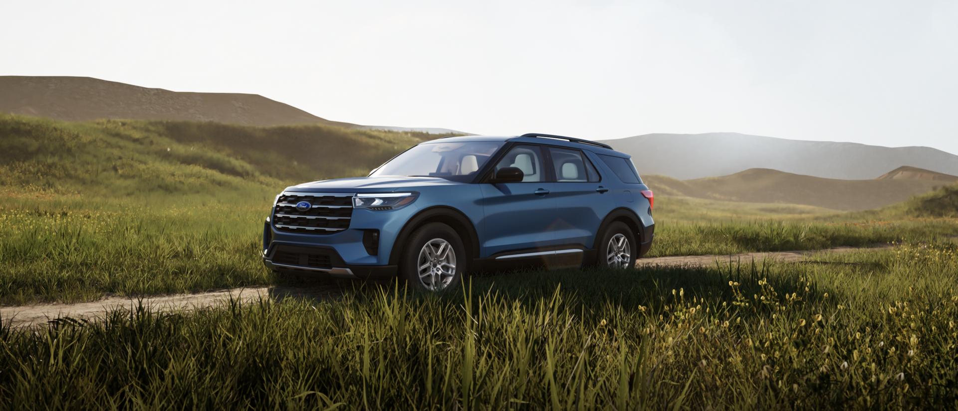 Side of a 2025 Ford Explorer® SUV in Vapour Blue Metallic