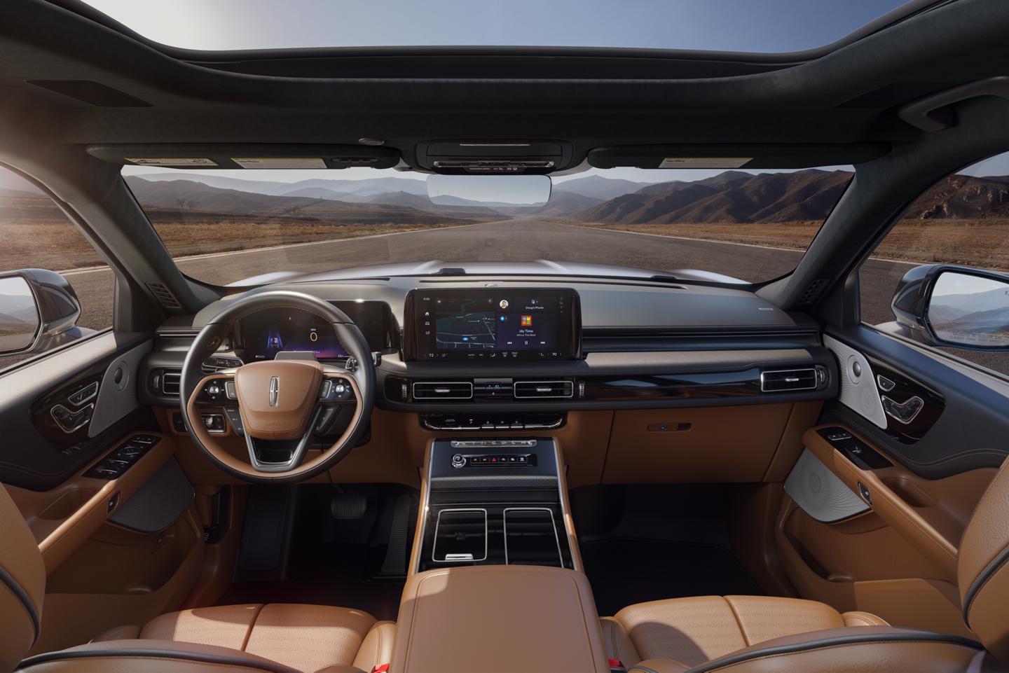 The front cabin of a 2025 Lincoln Black Label Aviator® SUV is shown in the Flight interior theme